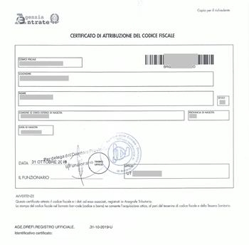 Certificato attribuzione Codice Fiscale