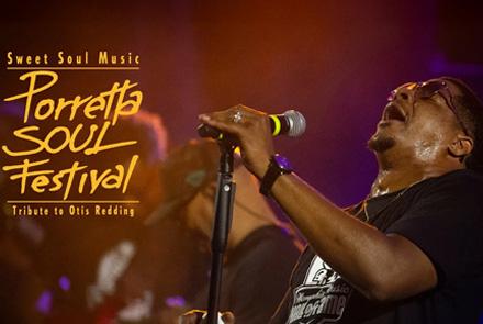 logo porretta soul festival a sinistra e foto Jerome Chism che canta a destra